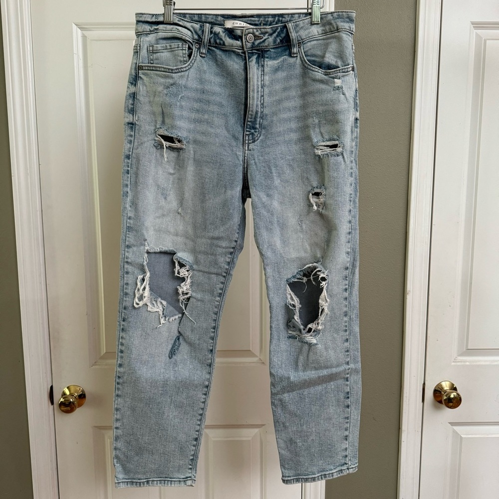 eunina Tobi Super High Rise Mom Crop Jeans, Distrissed Light Blue Wash, Size 15